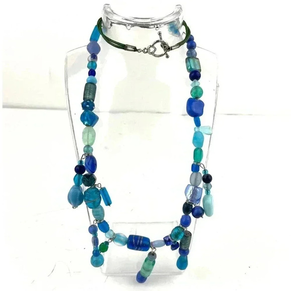 Frosted Blue Glass Boho Style Beaded Necklace 25" Shades Dangle Frosted Beads - Picture 9 of 10